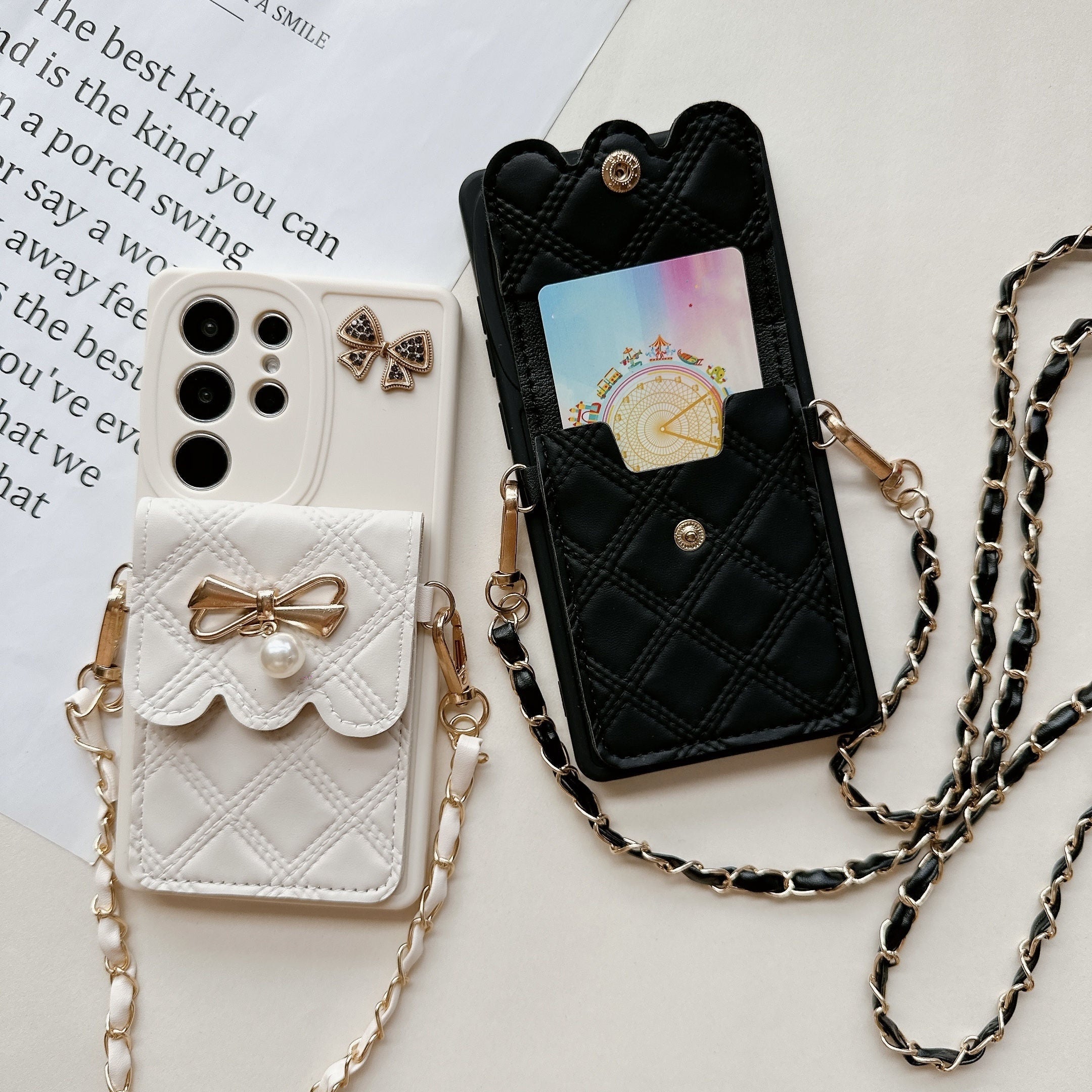 Pearl Bowknot Diamond Phone Case for Samsung Galaxy with Lanyard Full Cover Protection