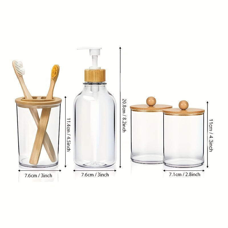 Set of 4 Bamboo Bathroom Accessories Boho Decor Waterproof Plastic Storage Jar Dispenser