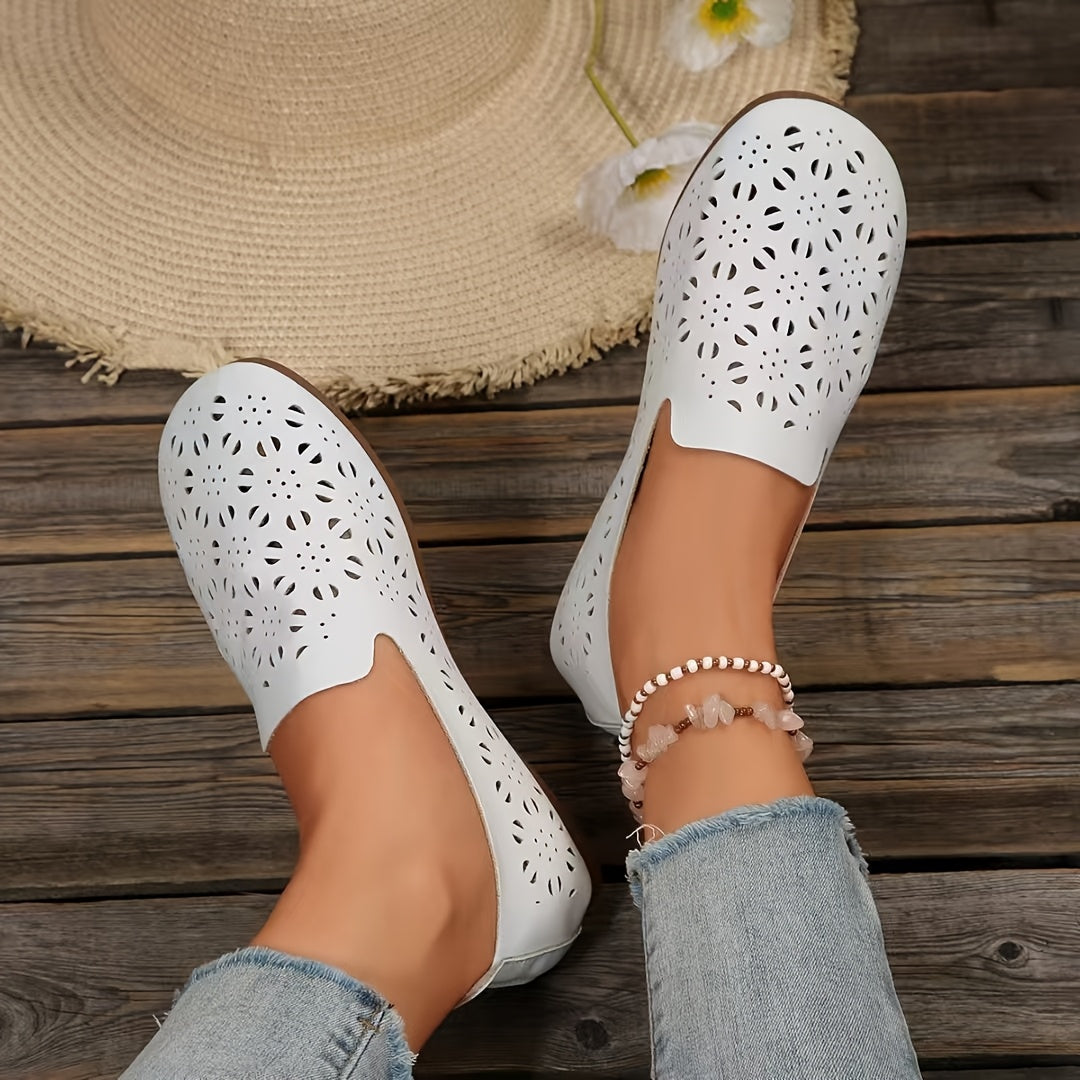 Women's Breathable Slip-On Flats with Cut-Out Design White Casual Shoes