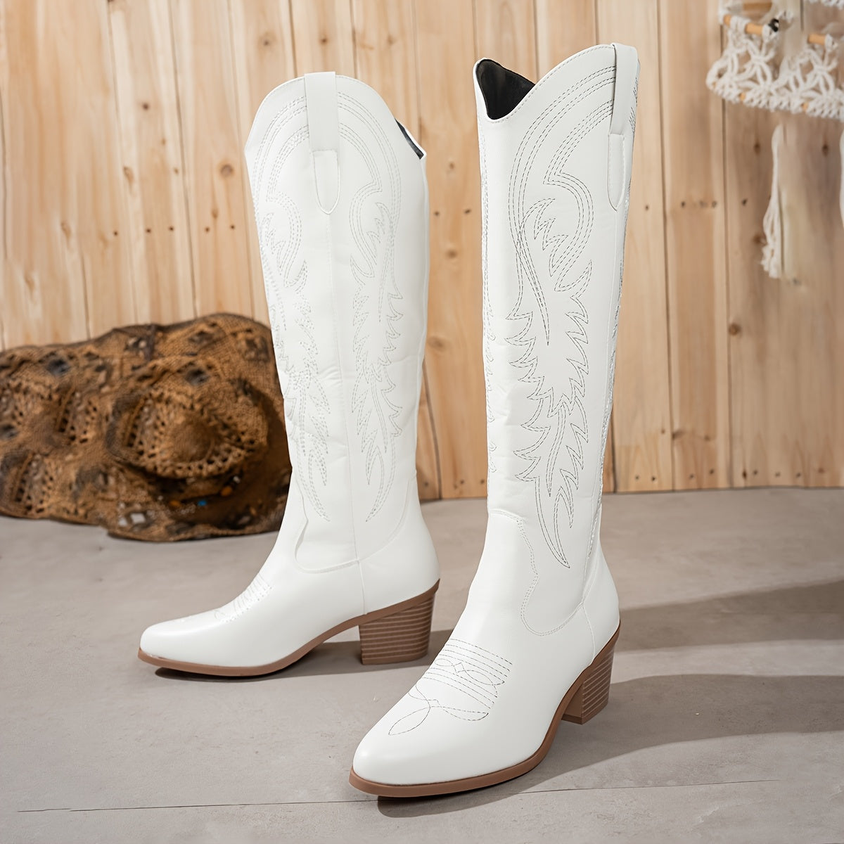Women's White Embroidered Mid-Calf Cowboy Boots Slip-On Pointed Toe
