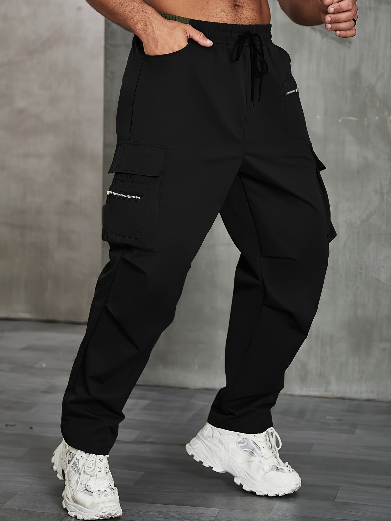 Men's Plus Size Cargo Pants Non-Stretch Polyester Zipper Pockets Drawstring Regular Fit All-Season
