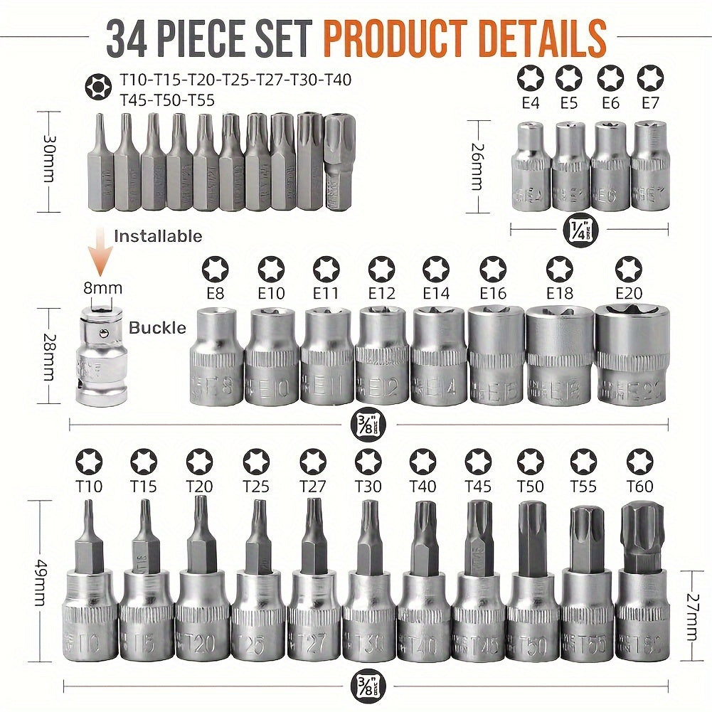 34-Piece E-Torx Star Socket Set Chrome Vanadium Steel Durable Tools