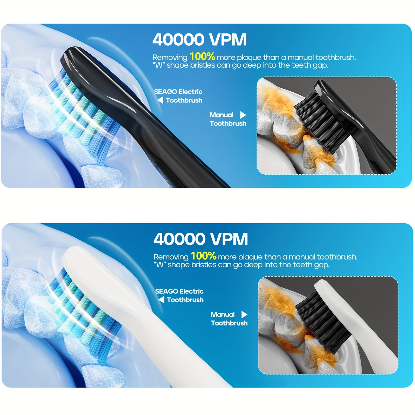 Cepillo de dientes eléctrico para adultos negro y blanco, recargable, 8 cabezales de cepillo