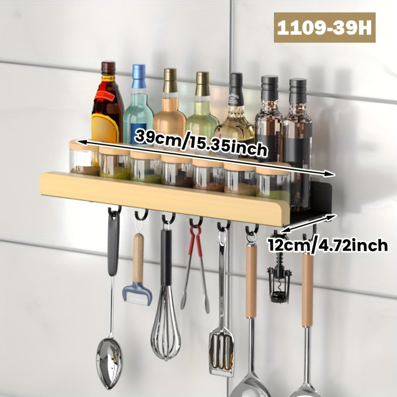 Wood and Metal Wall-Mounted Spice Rack with Hooks for Kitchen Storage
