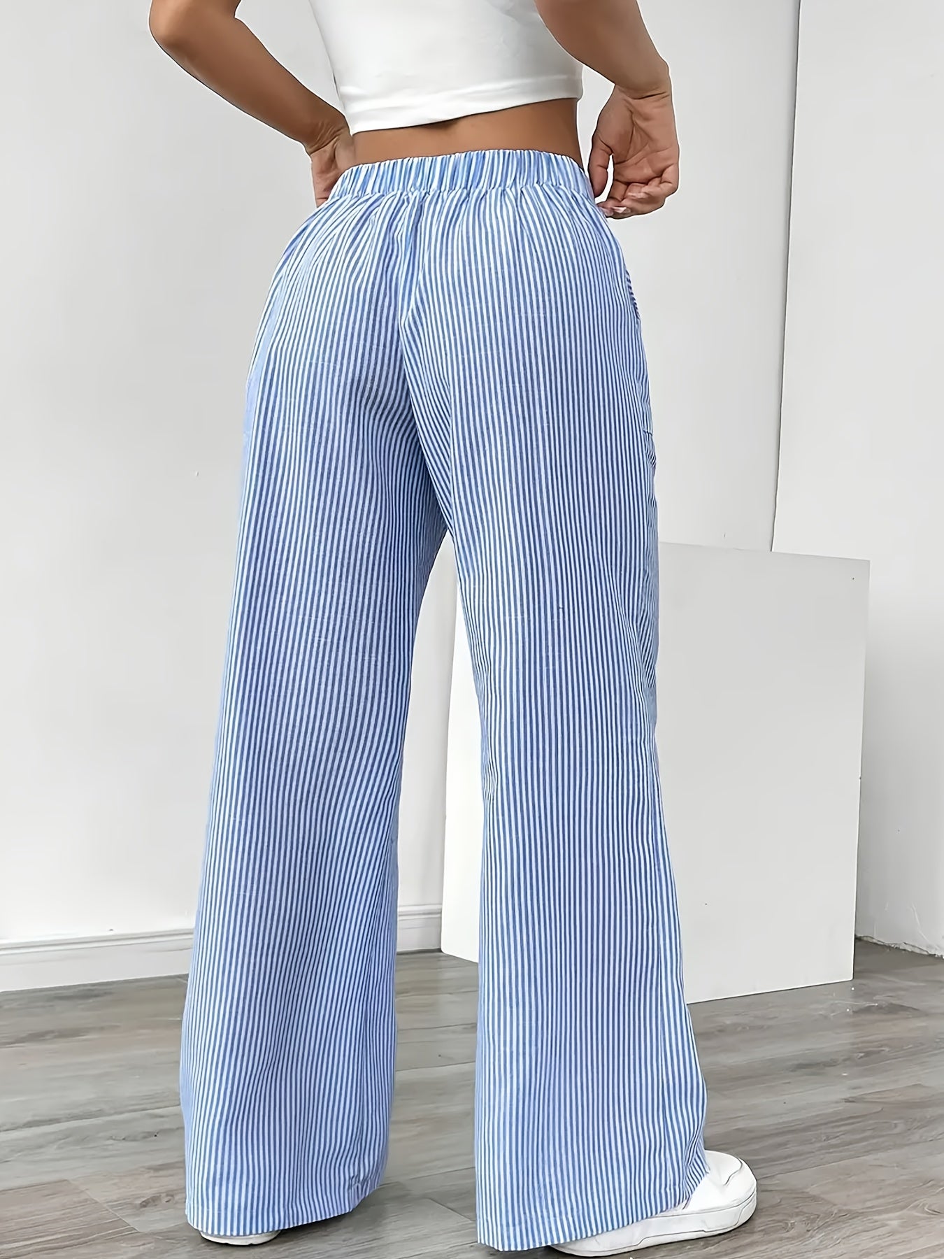 Women's Light Blue Polyester Wide-Leg Pants with Tie Waist