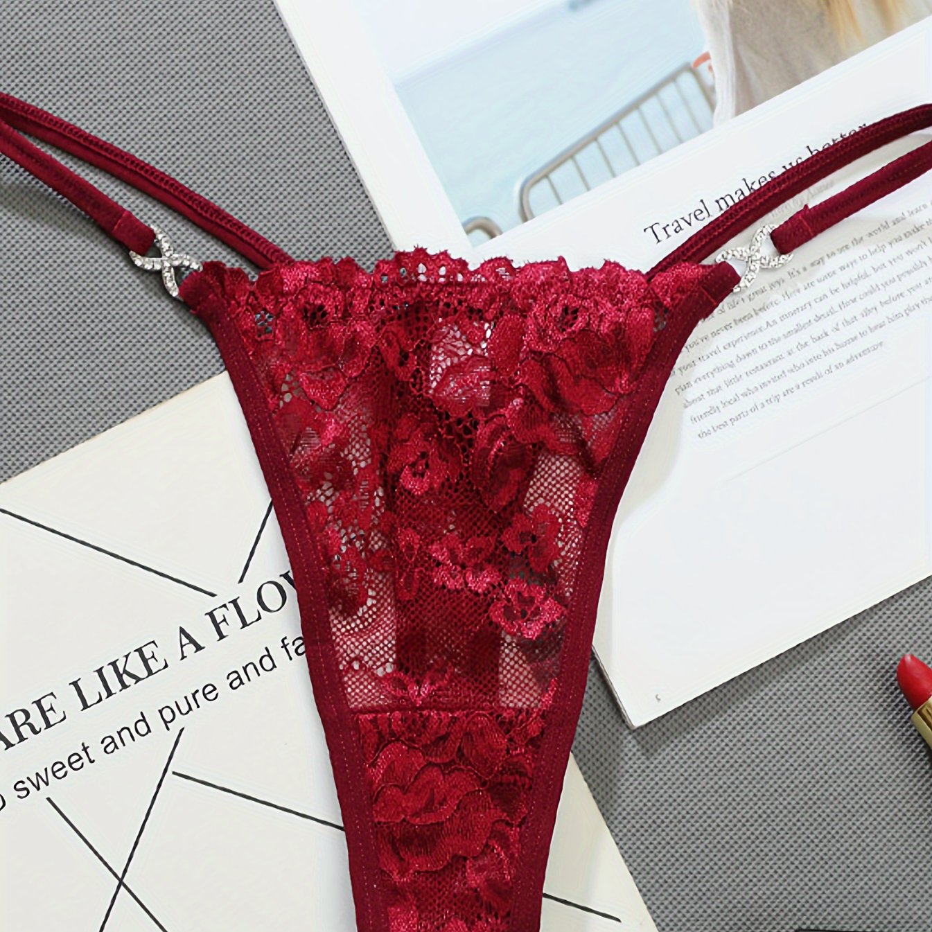 Lingerie Lace Thong with Diamond Decorations for Women