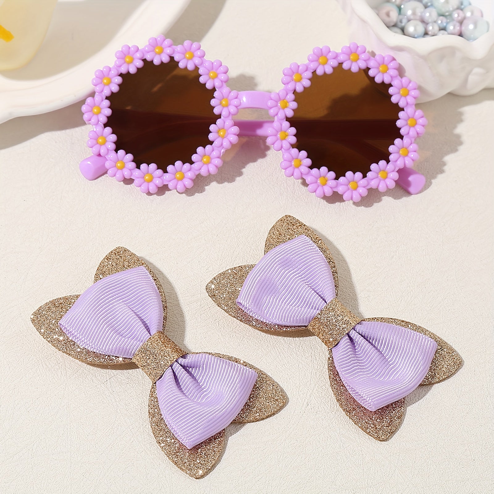 Women’s Hair Accessories Set 3 Pieces Bow Clip Floral Glasses Elegant Cute for Ages 14+
