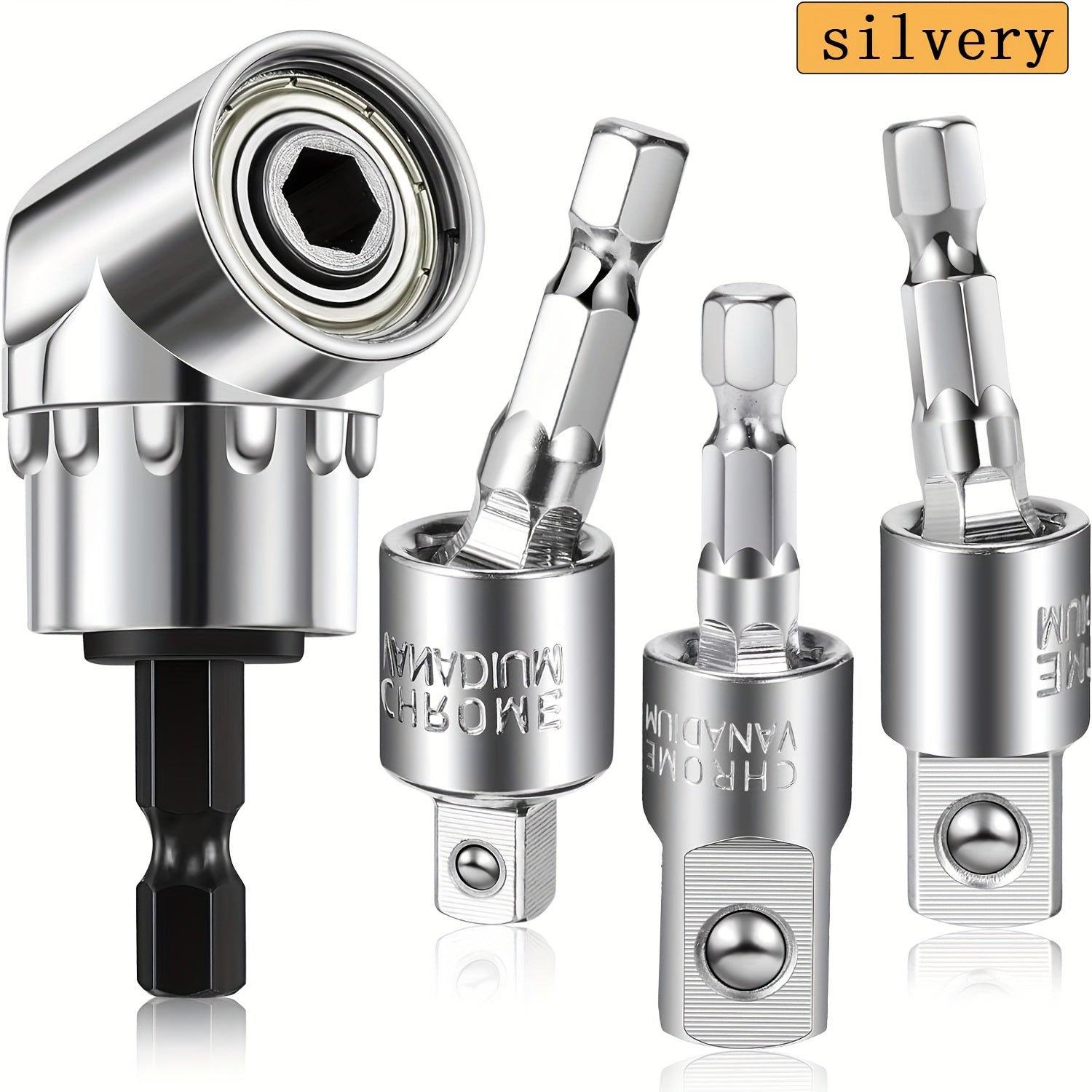 4-Piece Impact Driver Socket Set with 360° Rotatable Hex Shank and 105° Right Angle Holder Chrome Vanadium Steel