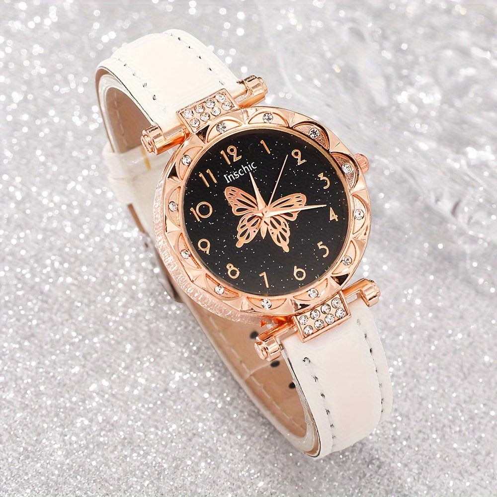 Women's Quartz Watch Set with Round Dial PU Leather Strap Matching Jewelry Gift