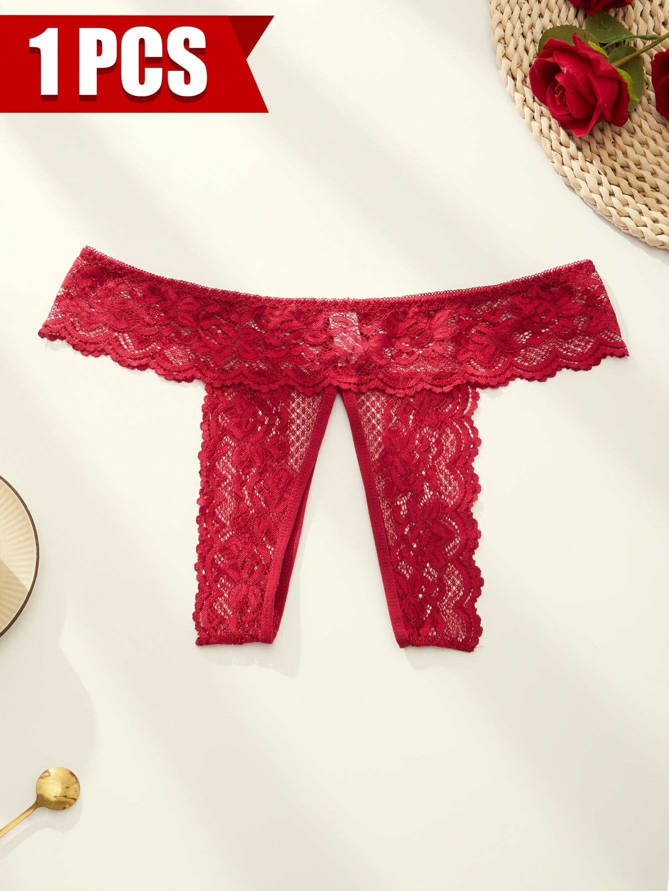 Трусики-стринги для женщин больших размеров красного цвета из кружева с открытым промежностью, высокой эластичностью, комфортные