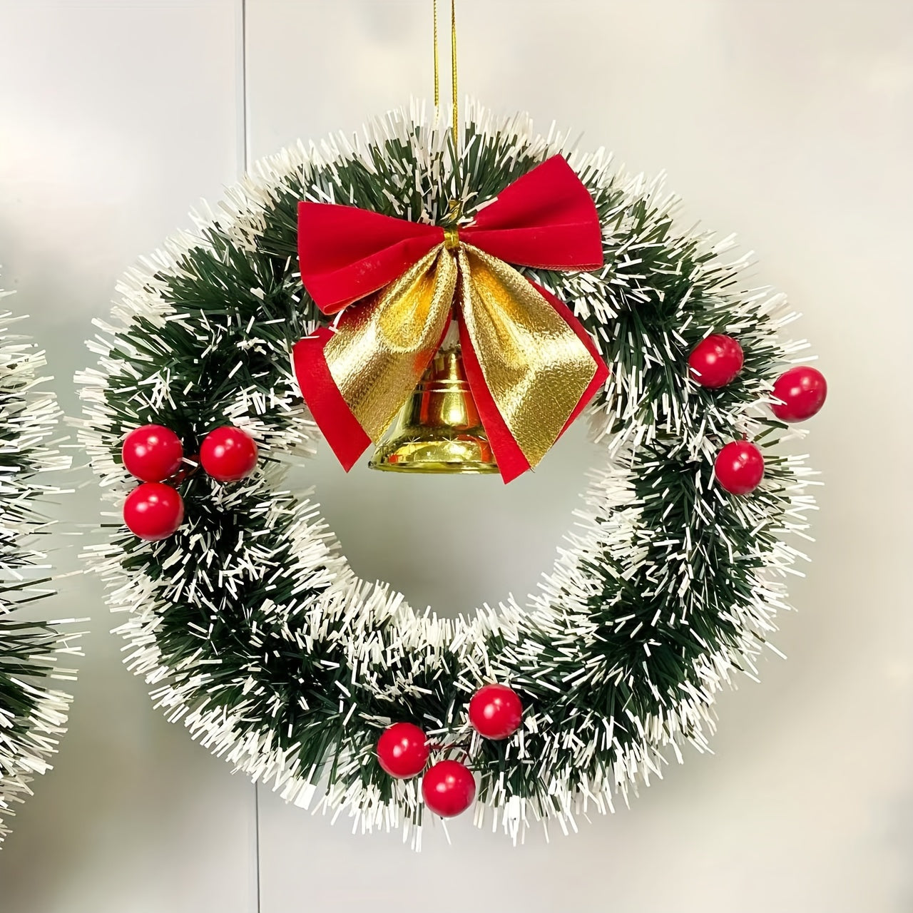 20/30cm Christmas Garland Dark Green White Edge Bells Red Fruit Bow