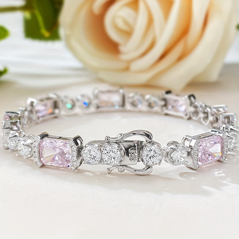 Sterling Silver Bracelet with Pink Cubic Zirconia for Women and October Birthdays