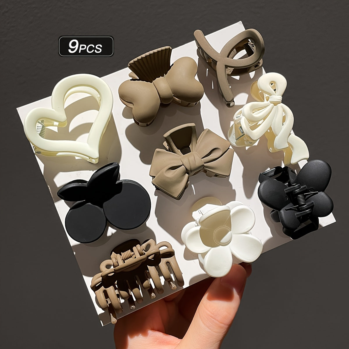 Set of 9 Minimalist Plastic Hair Claw Clips for Women with Heart and Bow Tie Designs