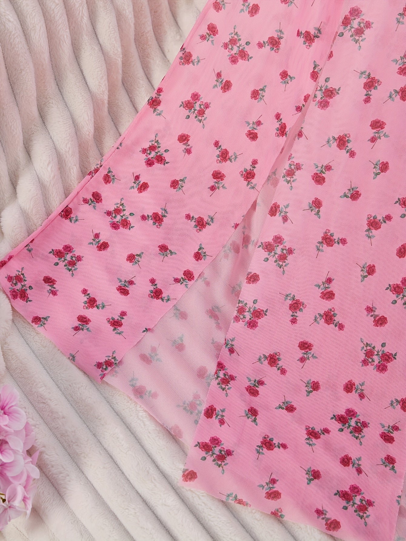 Women's Sleepwear Set with Floral Print, High Slit, Ruched Details, Knit Fabric