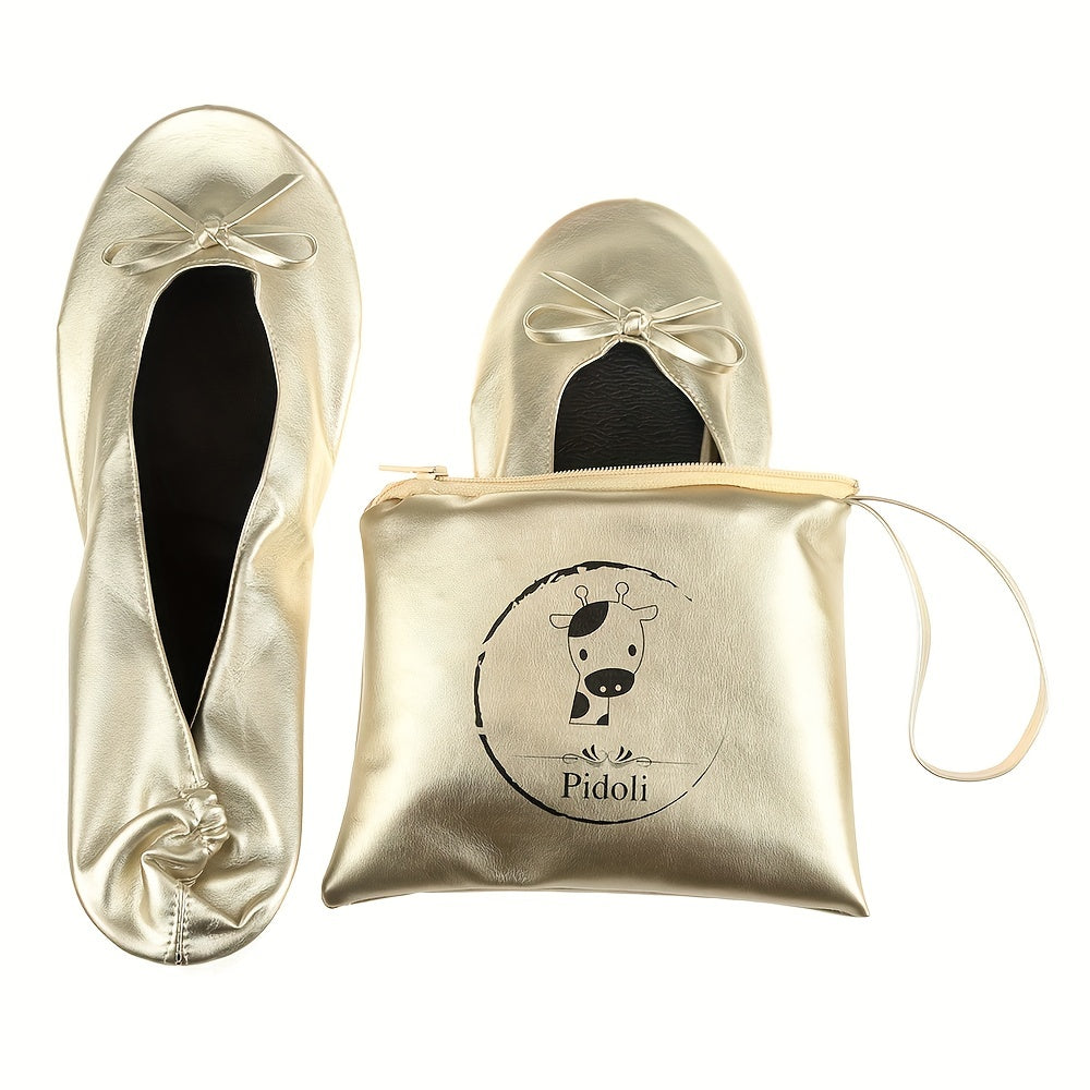 Women's Ballet Flats Foldable Travel Shoes with Removable Pouch Black