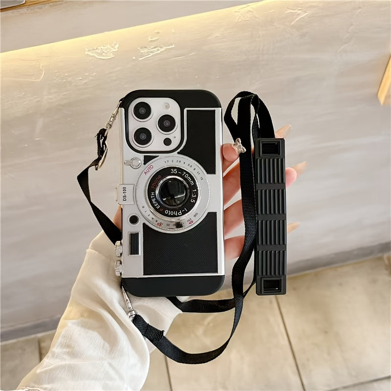 Retro 3D Camera Phone Case with Crossbody Strap for Apple iPhone 11-16 Soft Shell Protective Cover