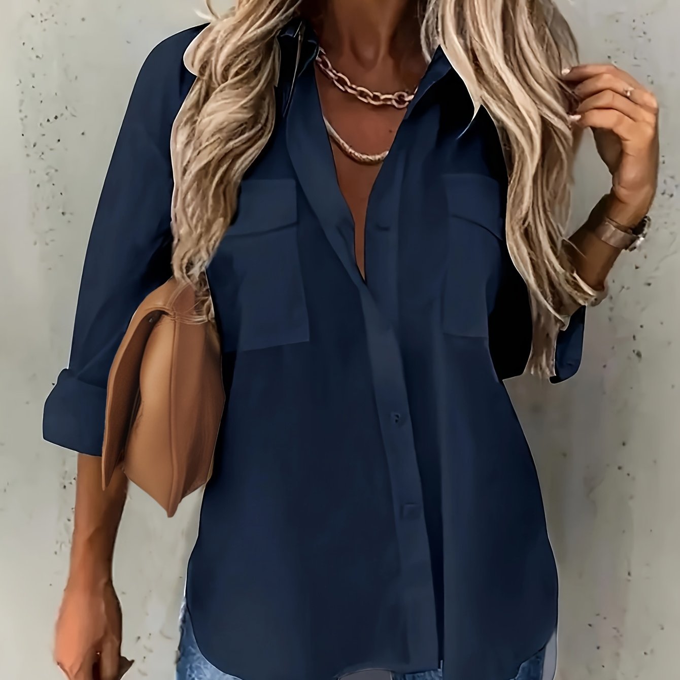 Plus Size Women's Chambray Short Sleeve Button-Up Shirt Casual Office Wear