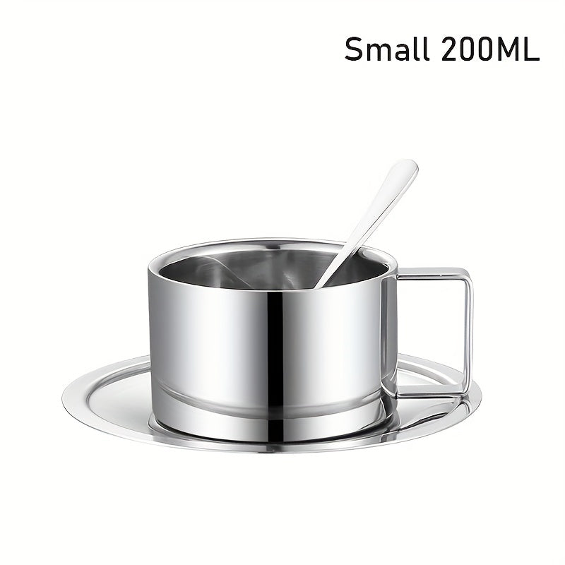 3pcs Stainless Steel European Coffee Cup Set with Spoons & Saucer