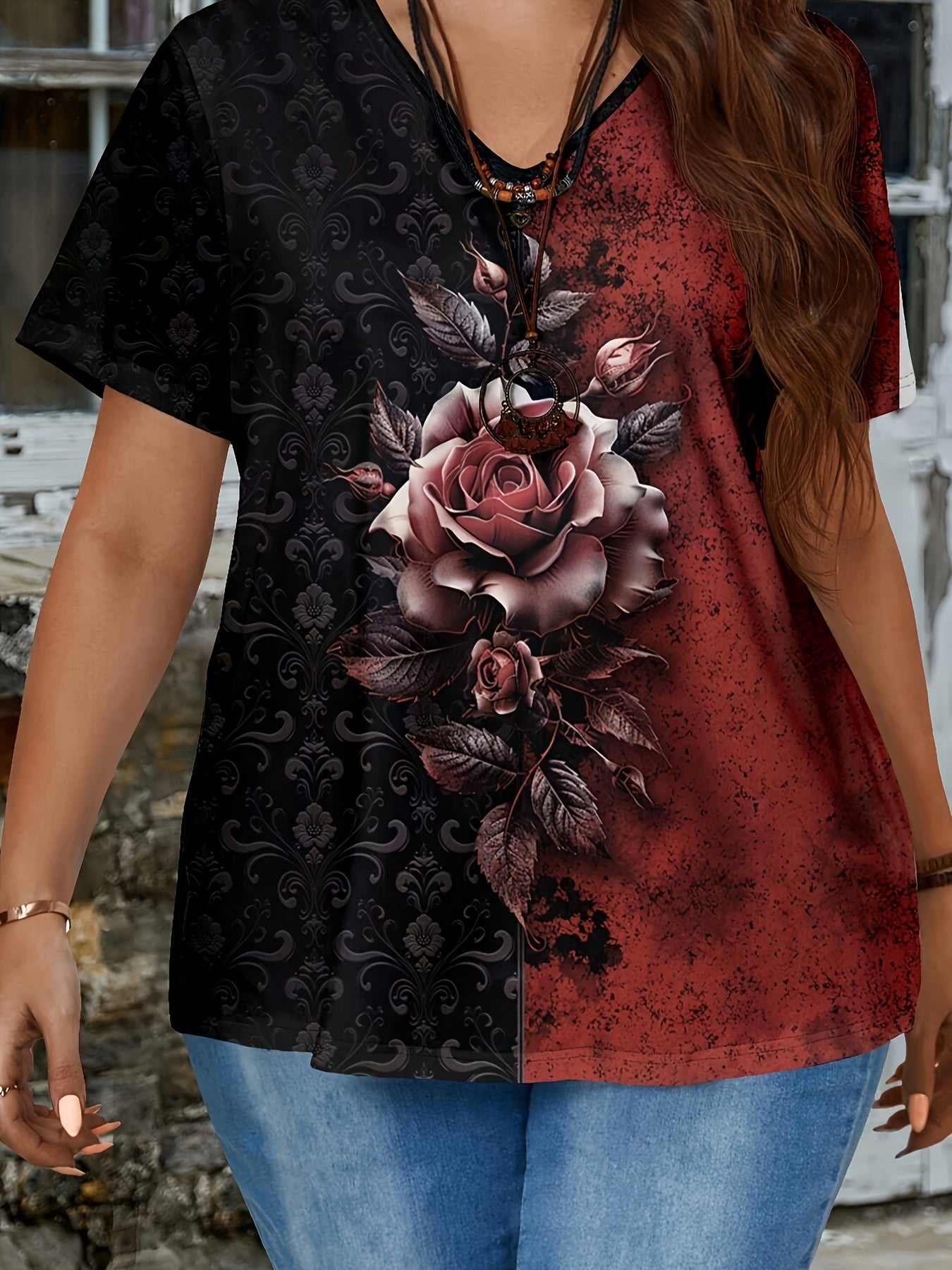 Plus Size Women's Floral Print Short Sleeve Casual T-Shirt