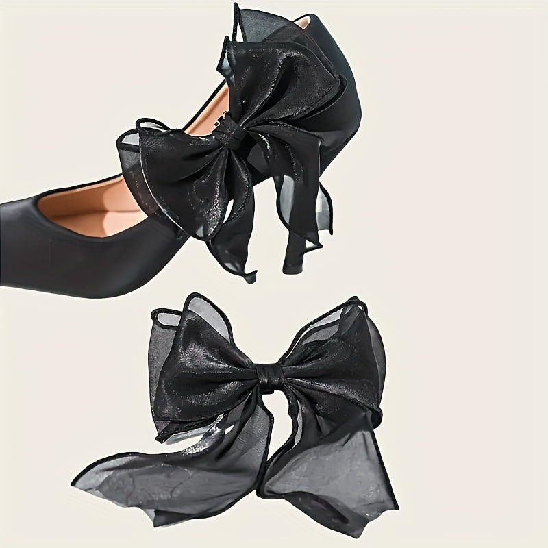 Women Black Mesh Bow Shoe Clips Set of 2 Detachable for High Heels Party Decor