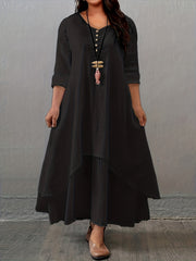 Plus Size Long Sleeve Layered Hem Dress for Spring Fall Casual Woven Rayon Solid