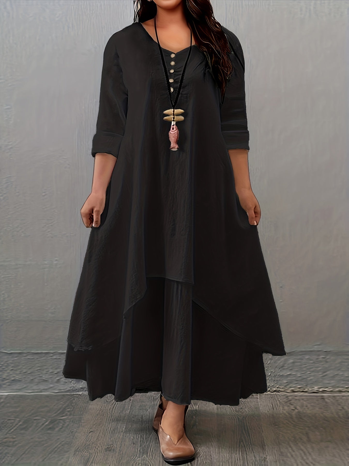 Plus Size Long Sleeve Layered Hem Dress for Spring Fall Casual Woven Rayon Solid