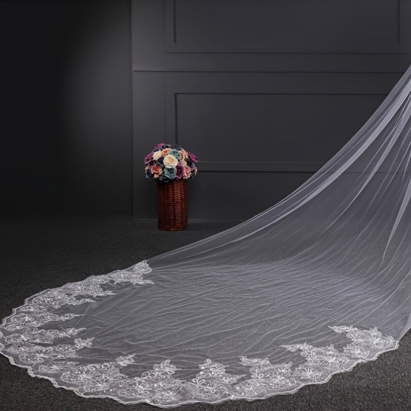 Velo de novia de encaje con lentejuelas y longitud de catedral, accesorio de boda de hilo de nylon