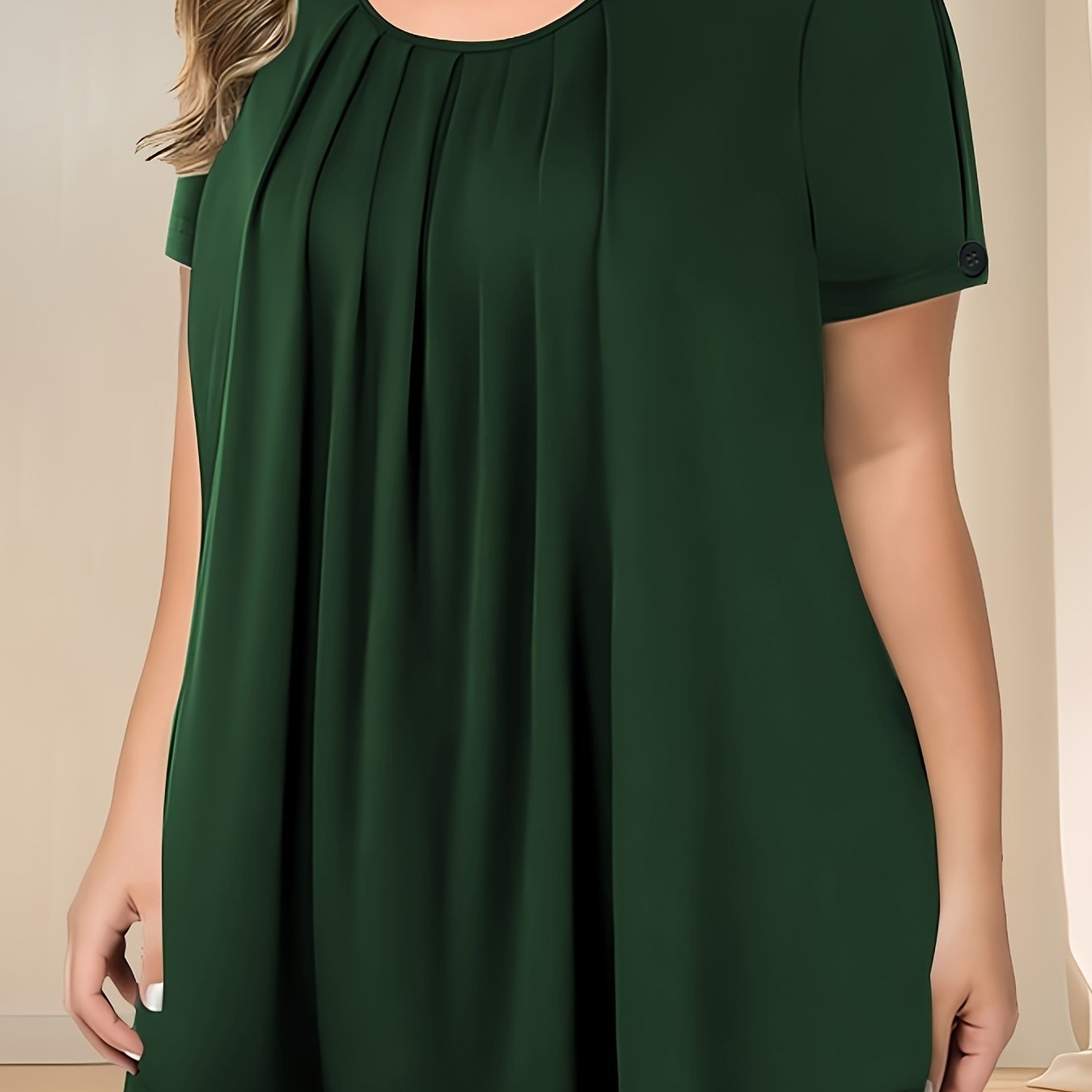 Camiseta de mujer de talla grande con pliegues y botones, verano casual de color sólido con cuello redondo