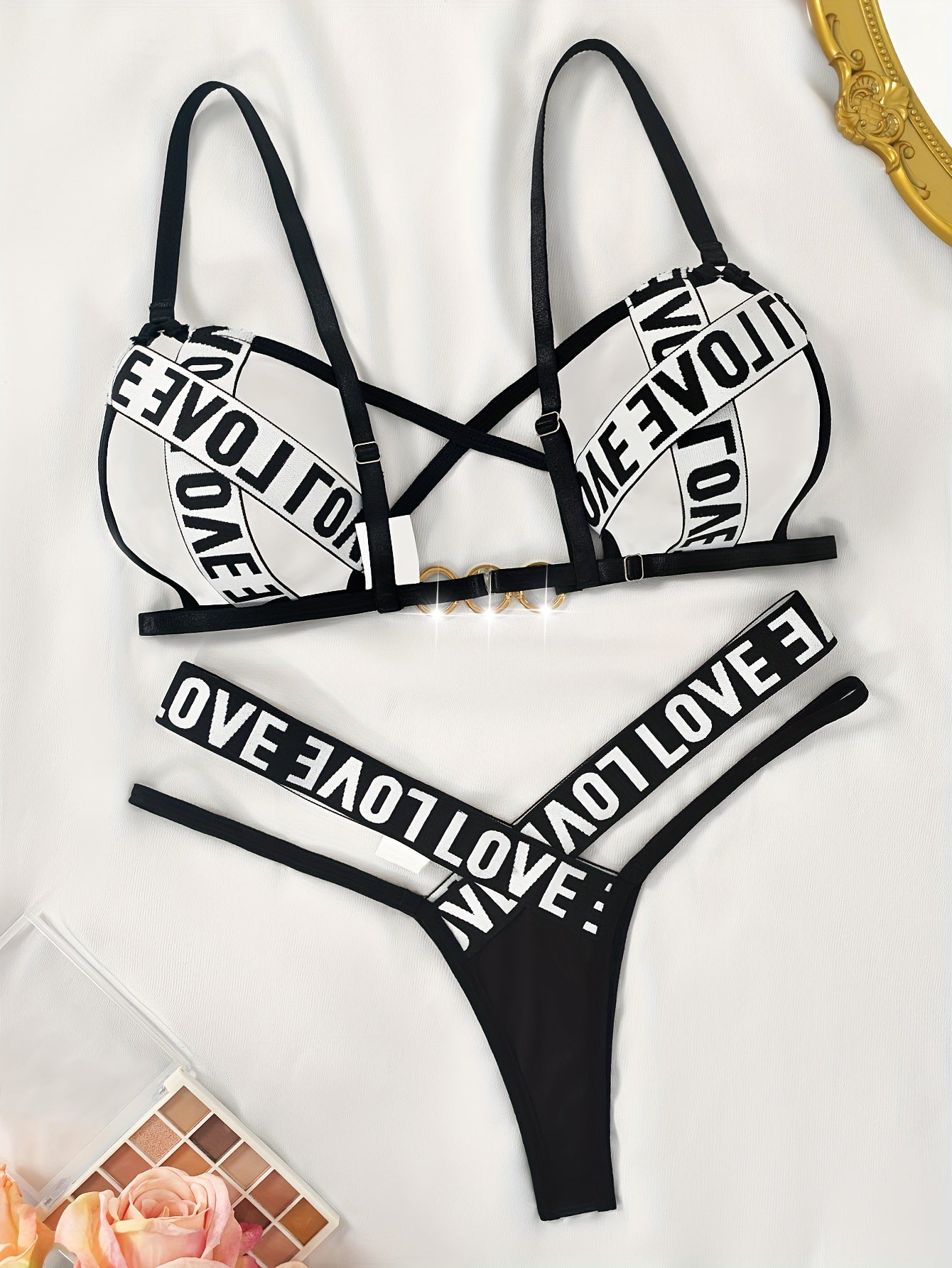 Sexy Lingerie Set with Cross Band Ring Decoration Bra and Low Waist Thong for Mature Women