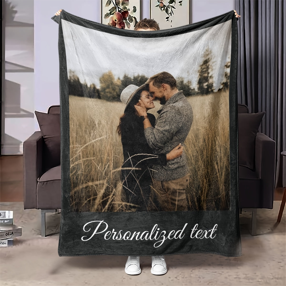 All-Season Personalized Flannel Throw Blanket with Photo and Text for Couch Bed Travel