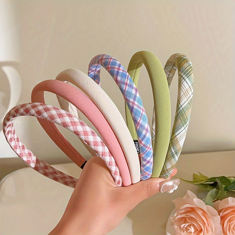 6pcs Women's Plaid and Solid Color Polyester Headbands for Travel and Daily Style