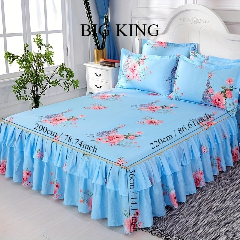 Set of 3 Tropical Floral Bedding Set with Lace Bed Skirt and Pillowcases Ruffled Edges Purple