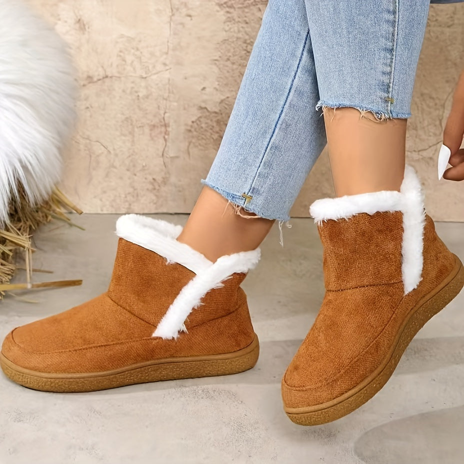 Women's Fleece-Lined Ankle Boots Casual Slip-On Short Boots Rubber Sole