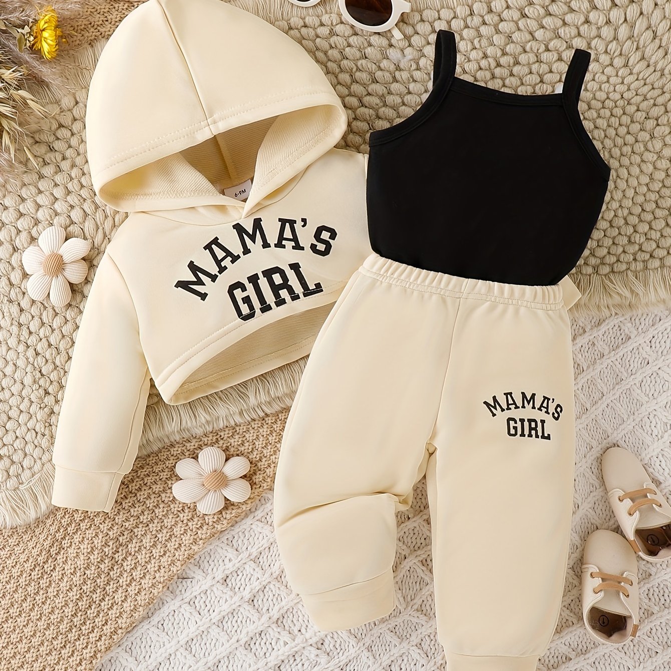 Girls Baby Casual Letter Print 3-Piece Outfit Hoodie Cami Pants Fall Winter