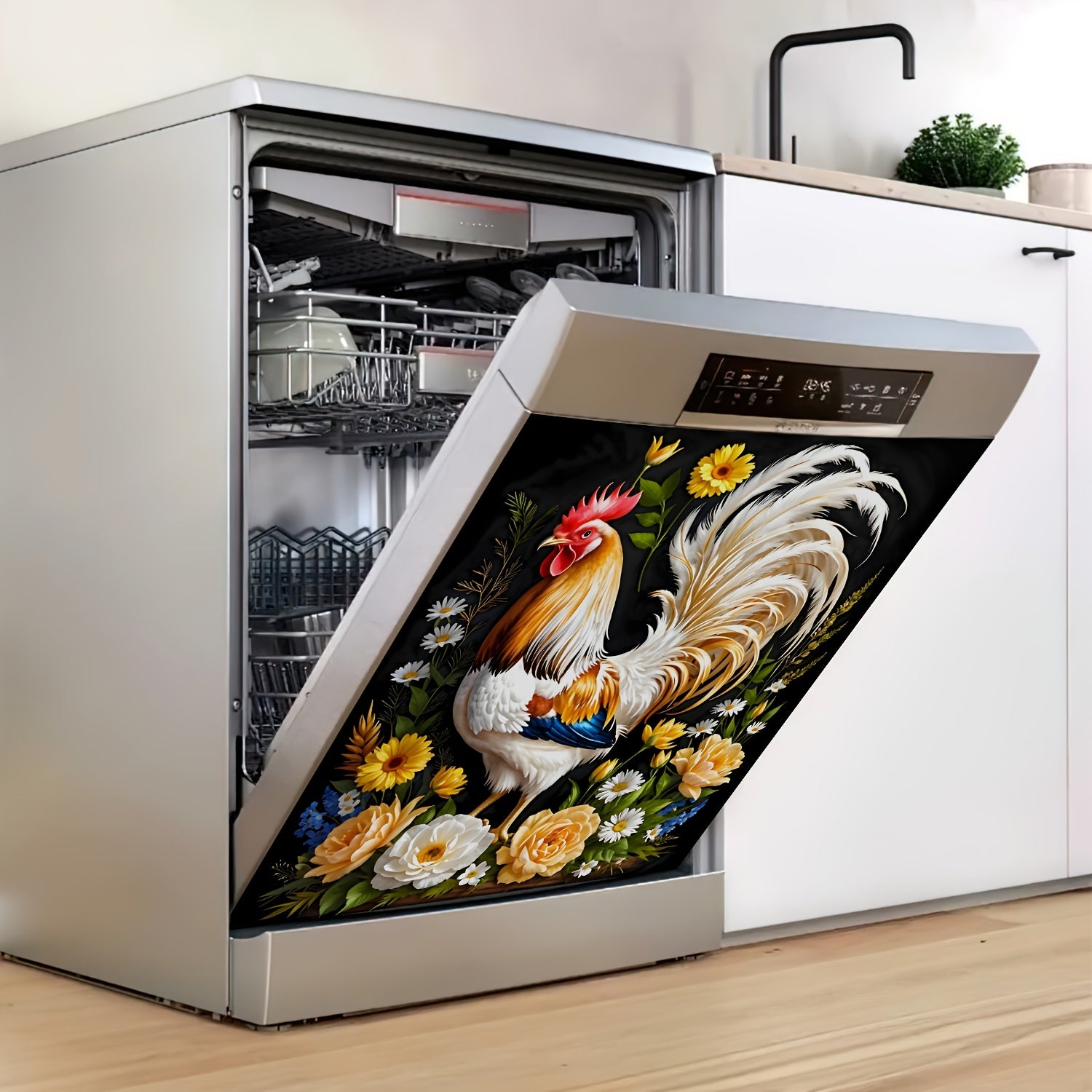Наклейка на стену Farmhouse Kitchen Decal Rooster Floral Wreath PVC 58x66 см для холодильника и посудомоечной машины, декор