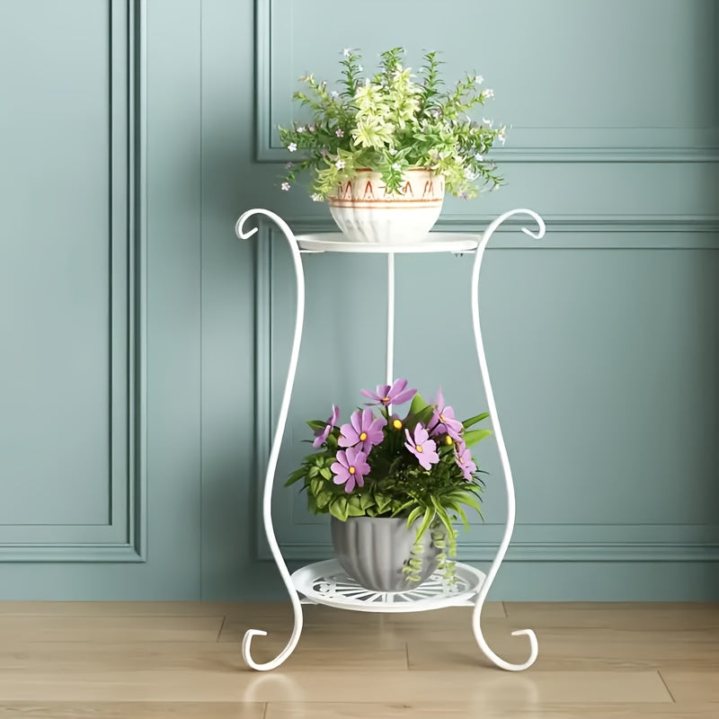 Black 2-Tier Iron Plant Stand Indoor Outdoor Decorative Vines Lightweight Sturdy