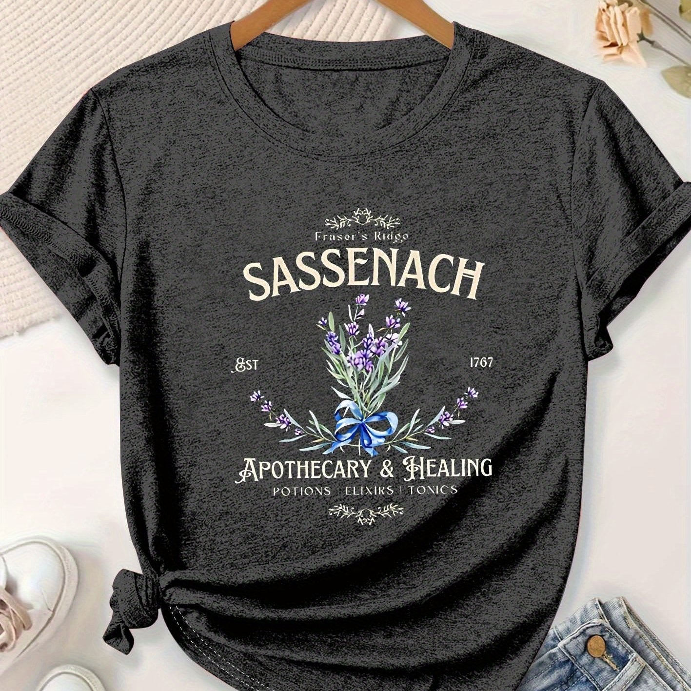 Plus Size Women's Lavender Letter Print Casual T-Shirt Floral Short Sleeve