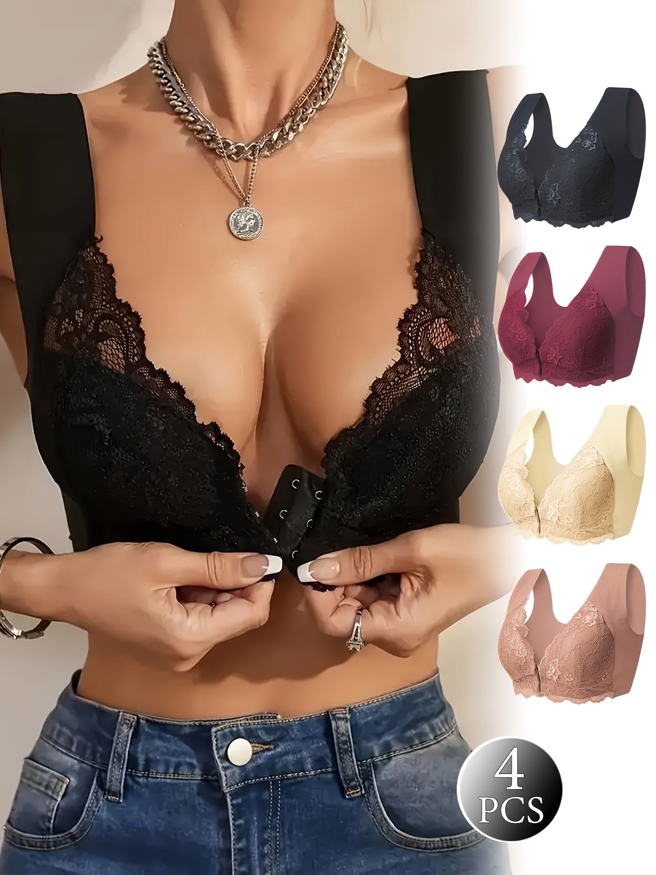 Women Plus Size Sports Bras Set Non-Wire Front Closure Removable Pads Black Beige Light Blue Pink