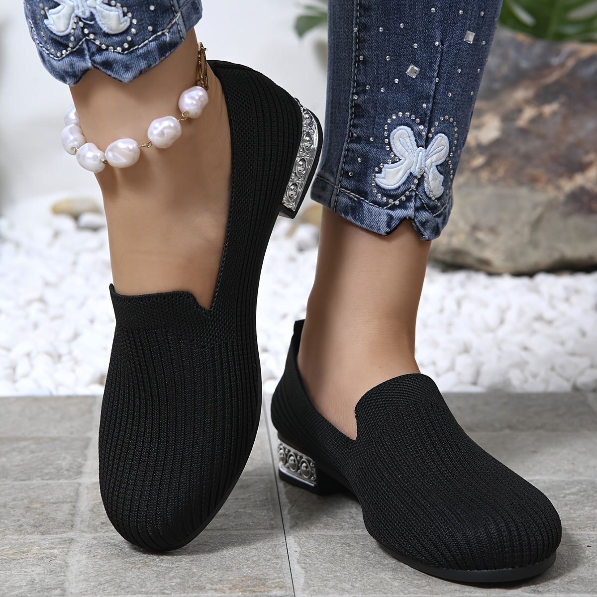 Women's Breathable Fabric Pumps with Plain Toe and Low Block Heel