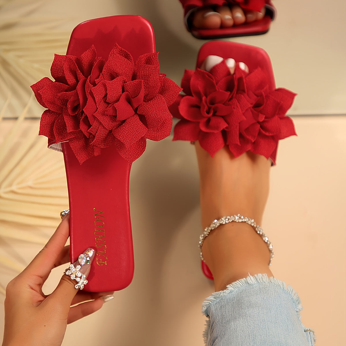 Women's Plus Size Leather Slide Sandals Flat Square Toe Summer Beach Shoes