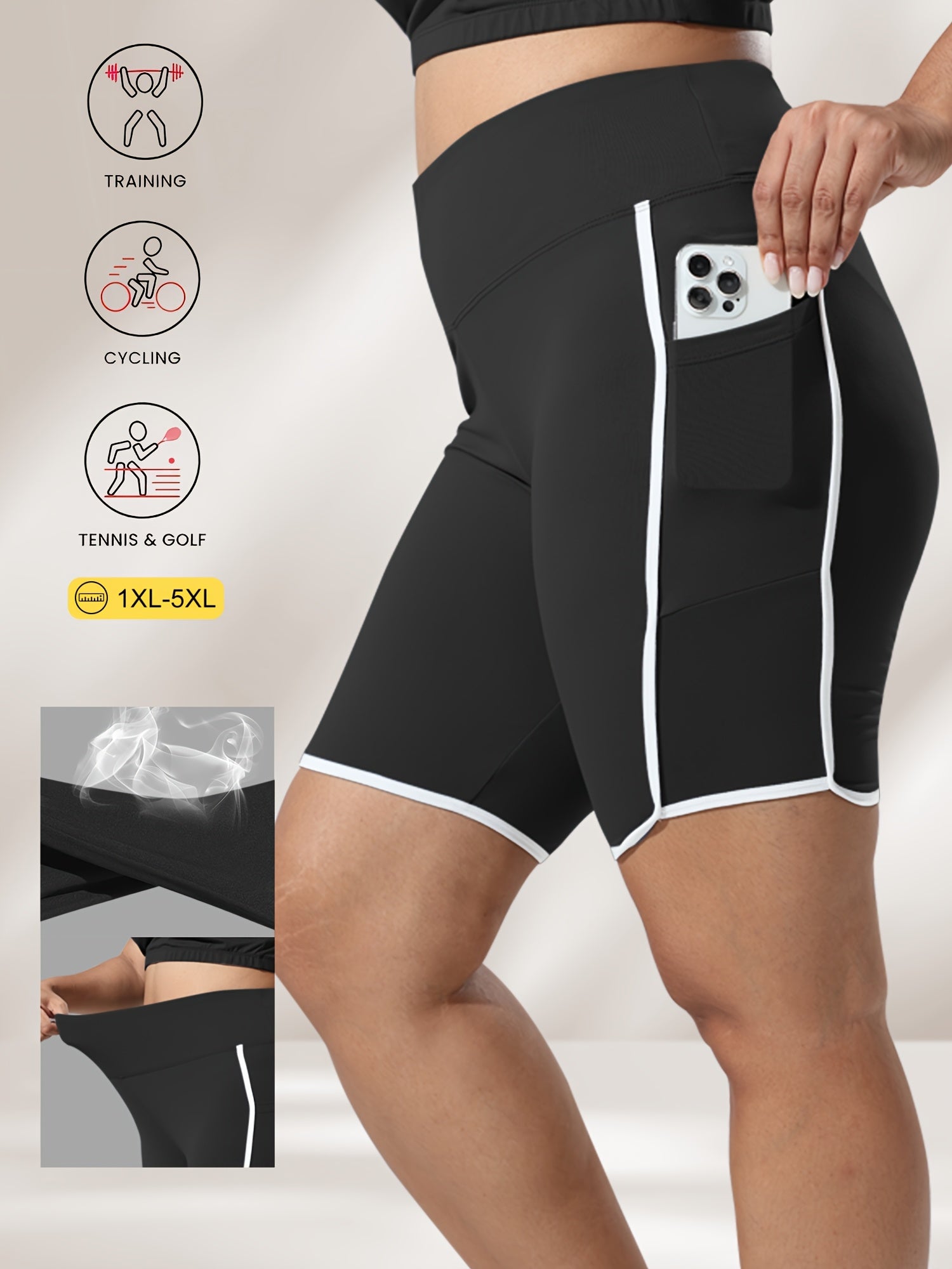 Plus Size High-Waisted Gym Shorts with Tummy Control Side Pockets White