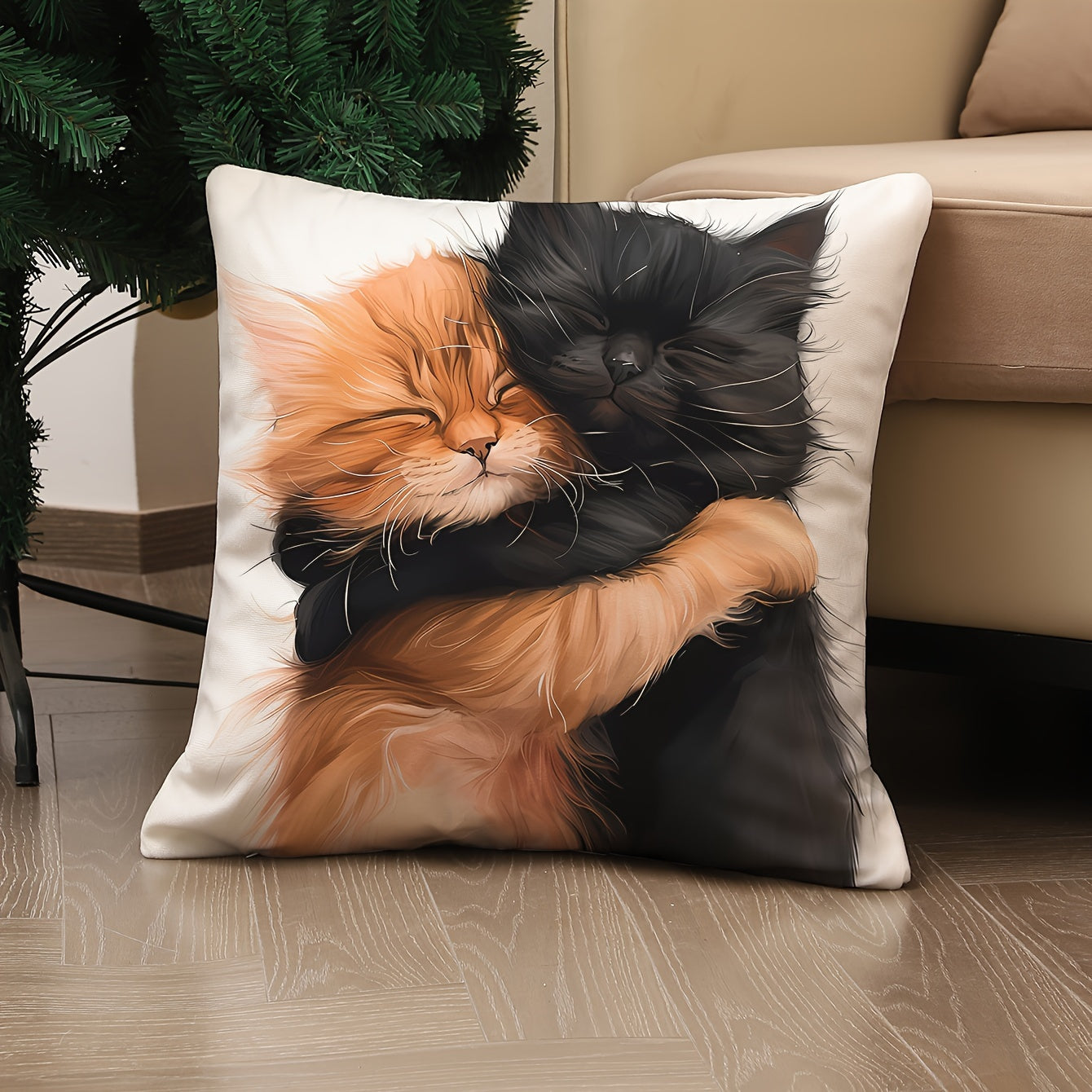 Cat Hug Linen Pillowcase 44.96cm x 44.96cm Machine Washable Sofa Bedroom Decor