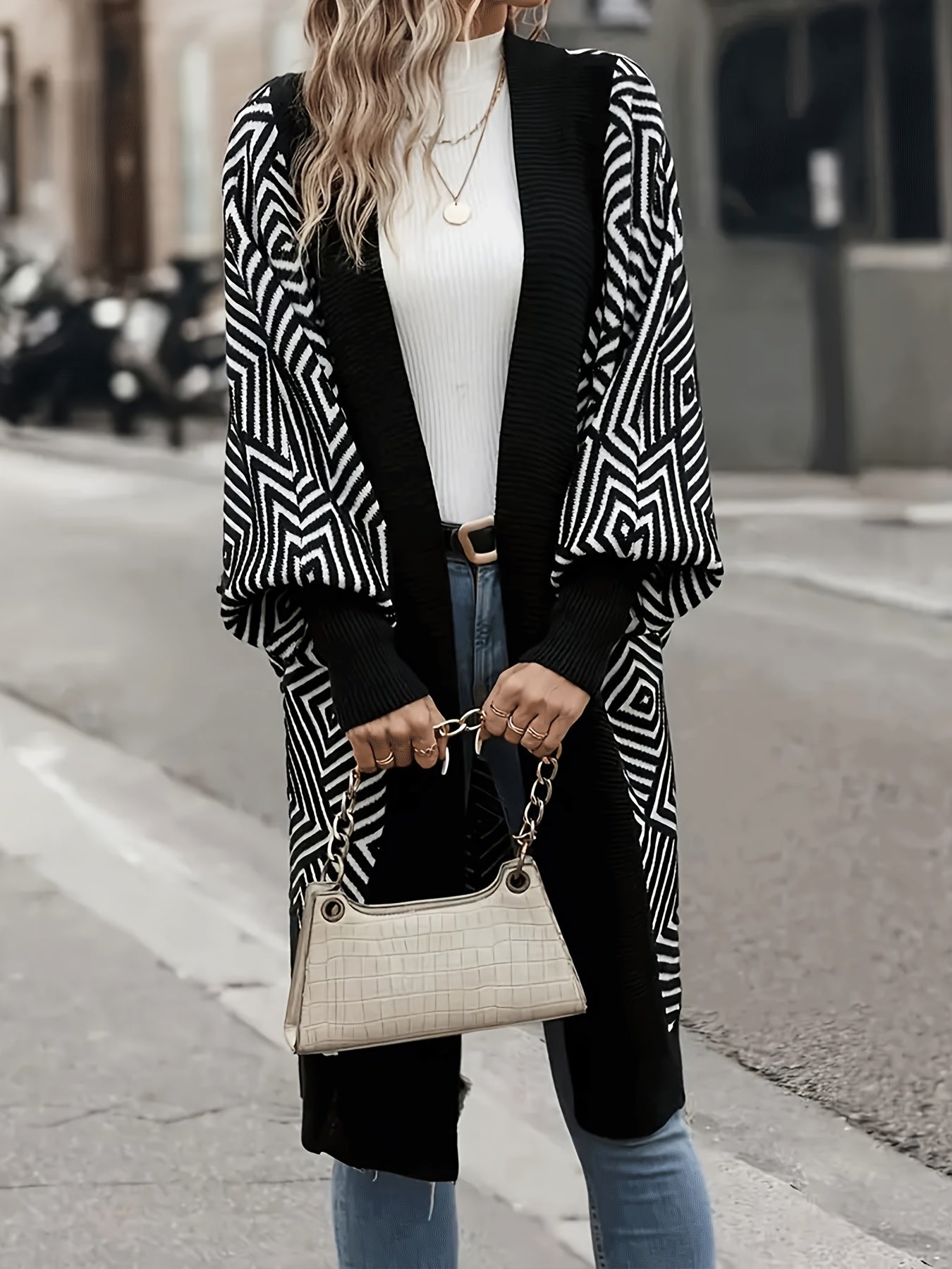 Plus Size Geometric Print Cardigan for Women Open Front Long Sleeve Knit Outwear