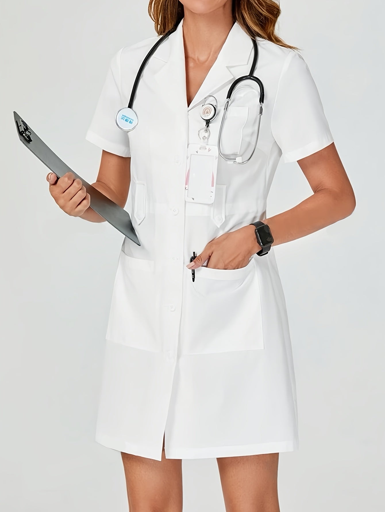 White Short Sleeve Lapel Coat for Adults with Pockets and Regular Fit