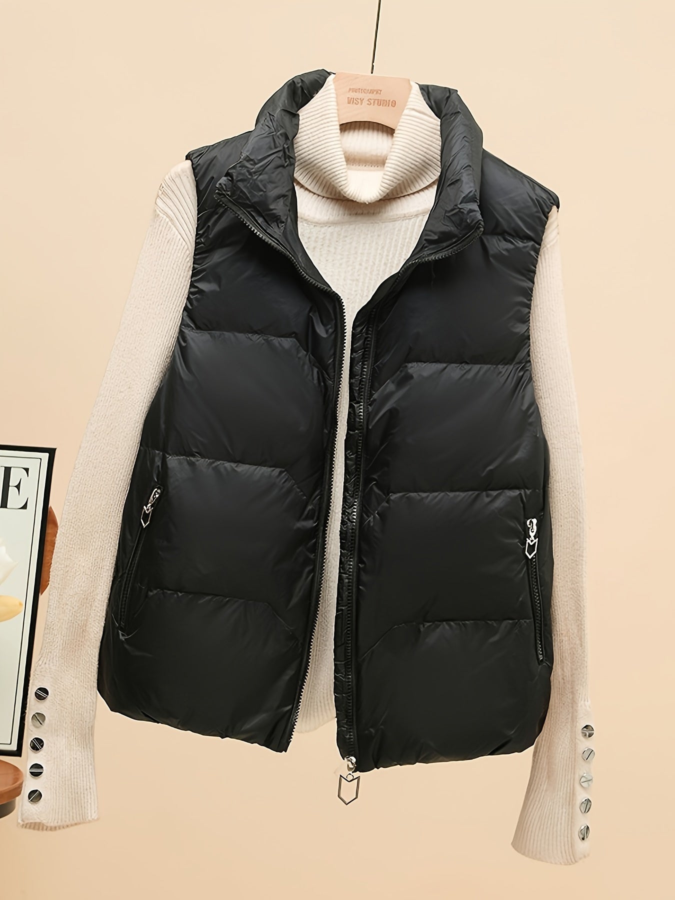 Women's Sleeveless Beige Puffer Vest with Side Pockets and Zipper for Fall Winter