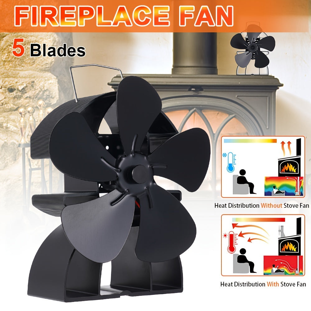 Portable Heat Powered Stove Fan for Wood Burners, Eco-Friendly 5-Blade Air Circulation