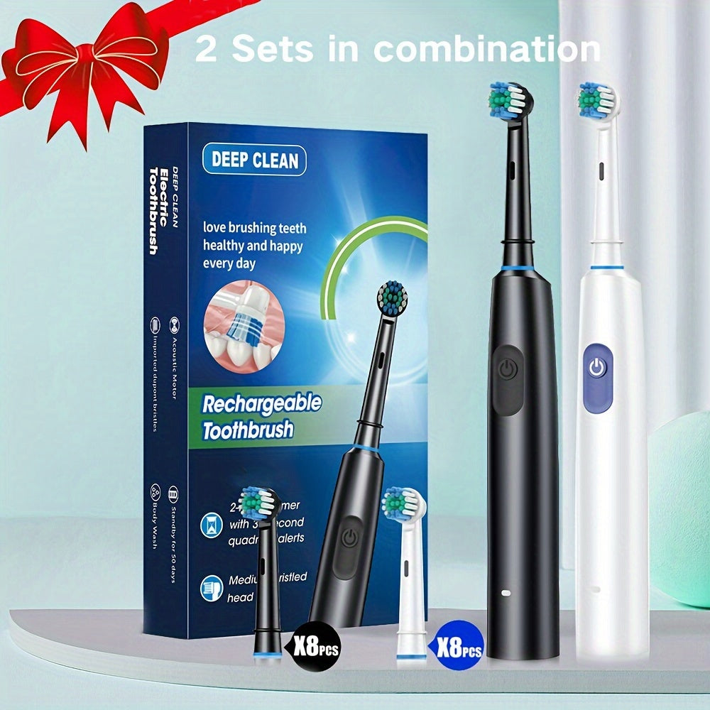 Set of 2 Electric Toothbrushes with 8 Brush Heads Rechargeable USB Charging 5 Modes