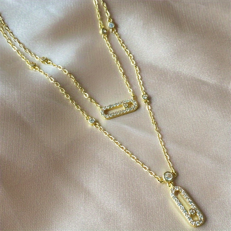 Women's Necklace with Double Paperclip Layers and Cubic Zirconia