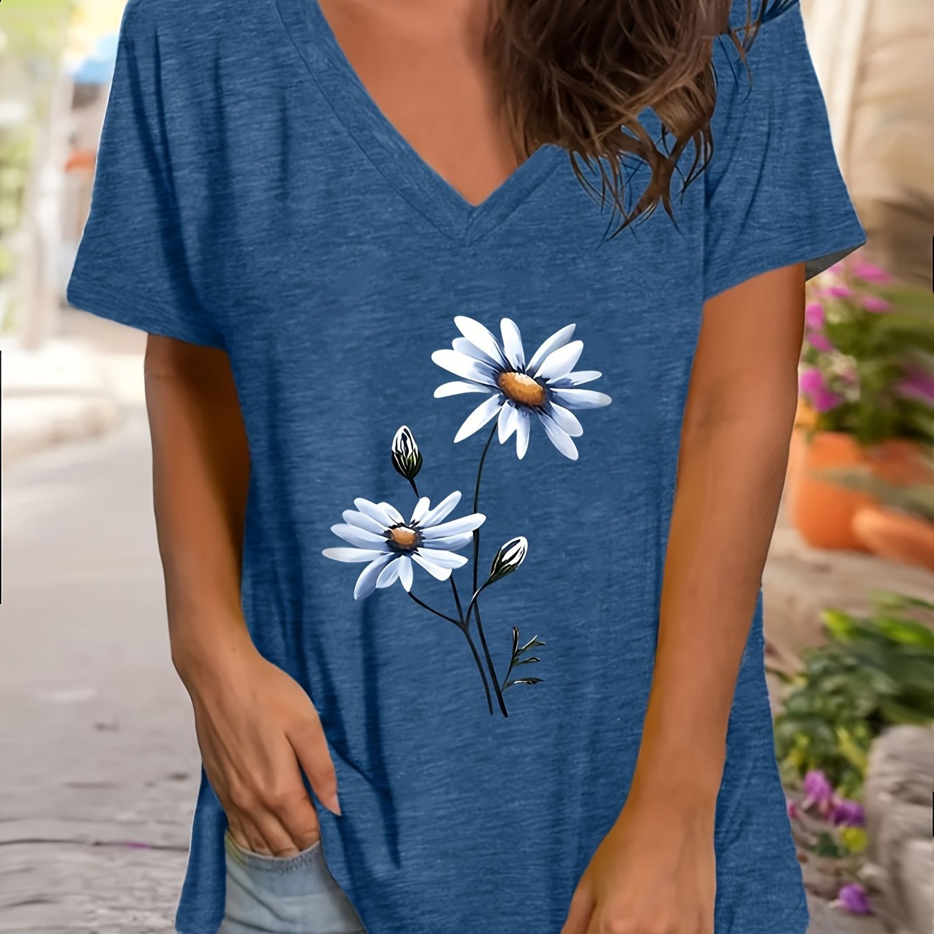 Women's V-Neck Short Sleeve T-Shirt Floral Print Lightweight Polyester Summer Teal