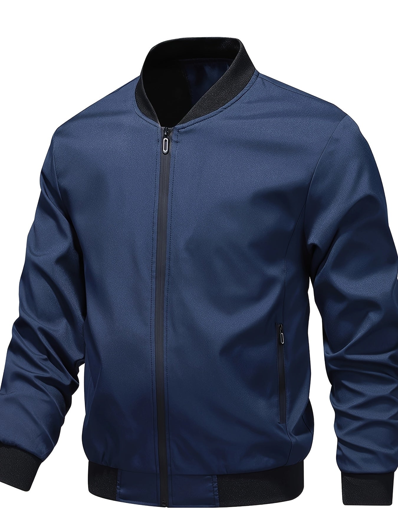 Men's Long Sleeve Solid Color Woven Polyester Jacket with Stand Collar and Zipper Closure